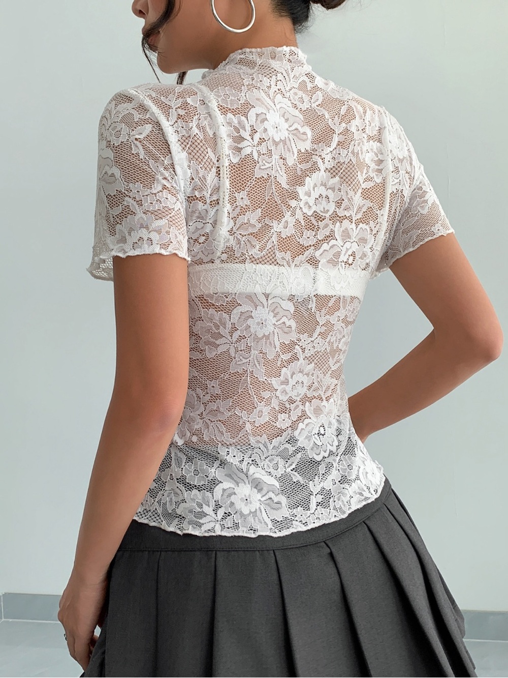 Lace Mock Neck Short Sleeve Top - Picture 5 of 14
